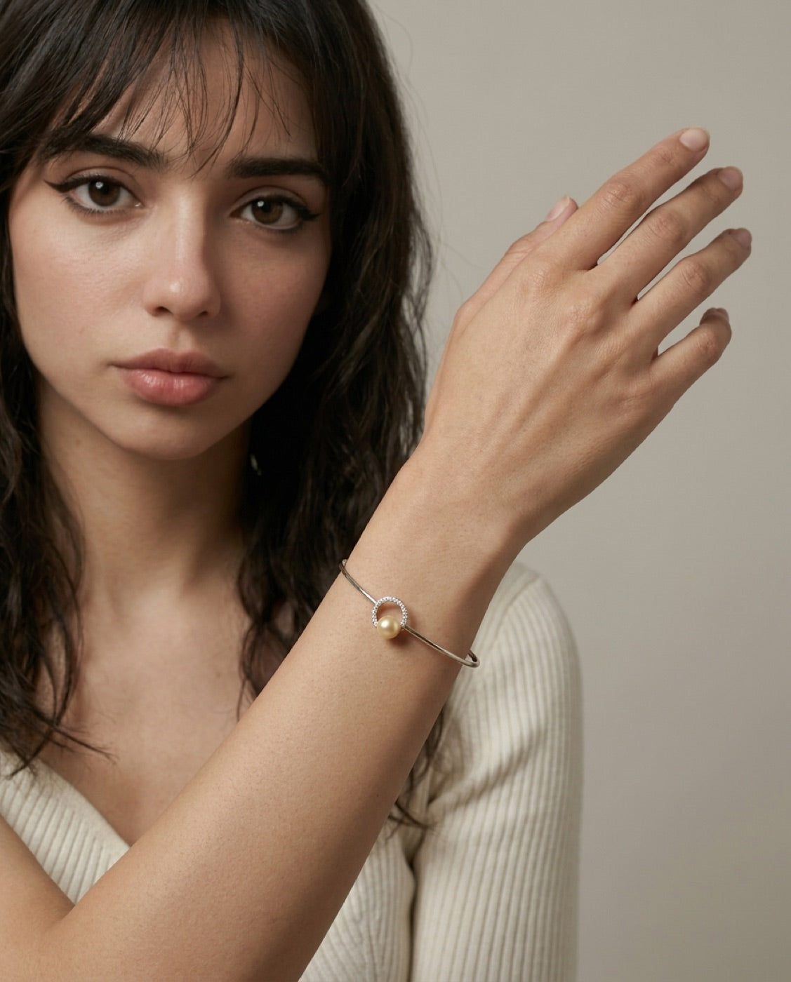 Halo Pearl Cuff Bangle worn