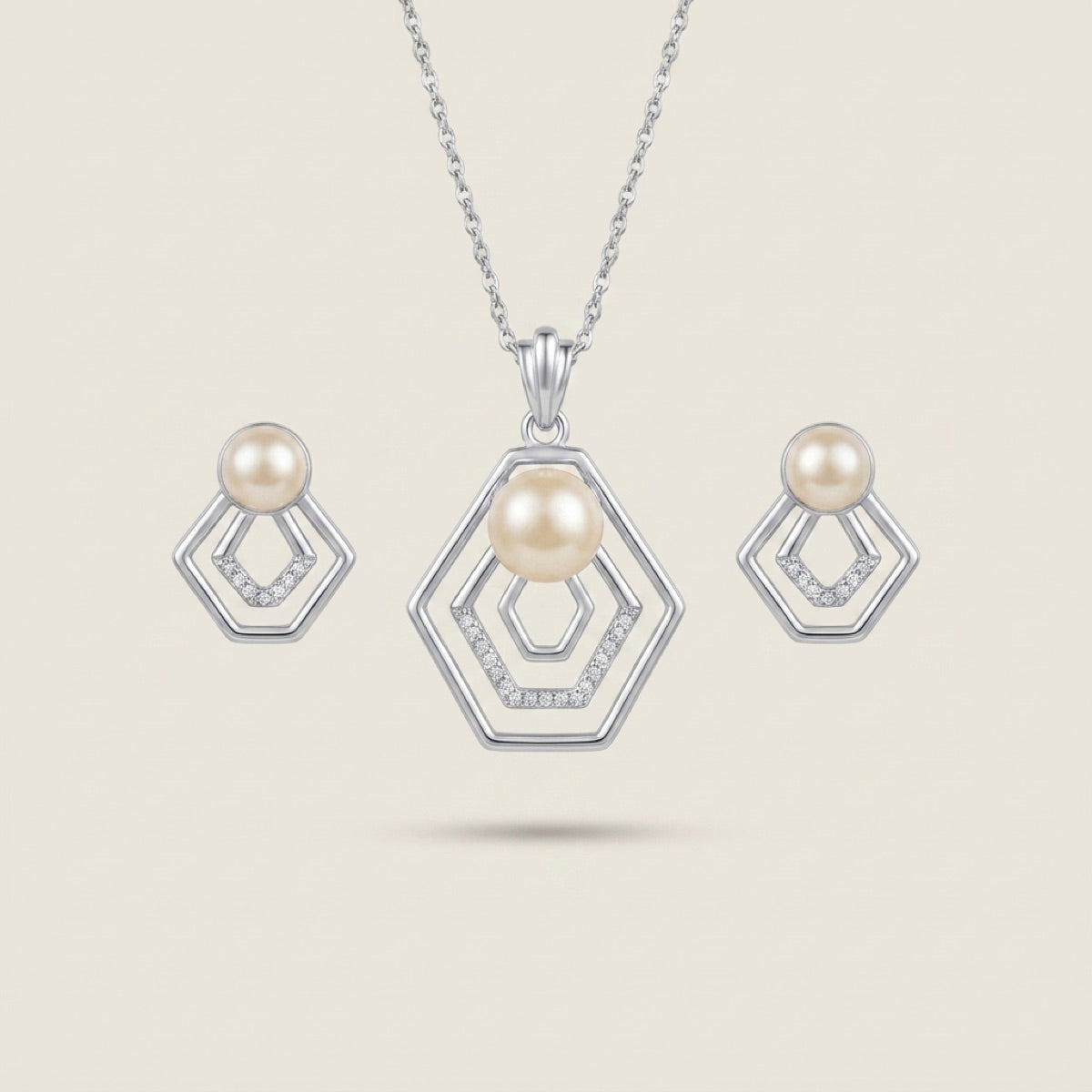Hexagon Pearl Pendant Set in 92.5 sterling silver and freshwater pearl