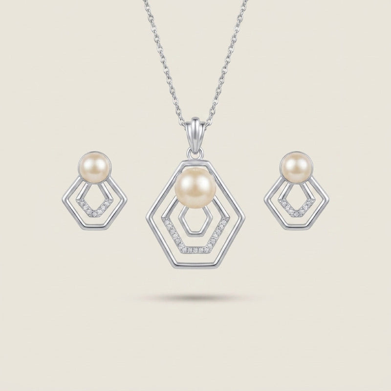 Hexagon Pearl Pendant Set in 92.5 sterling silver and freshwater pearl