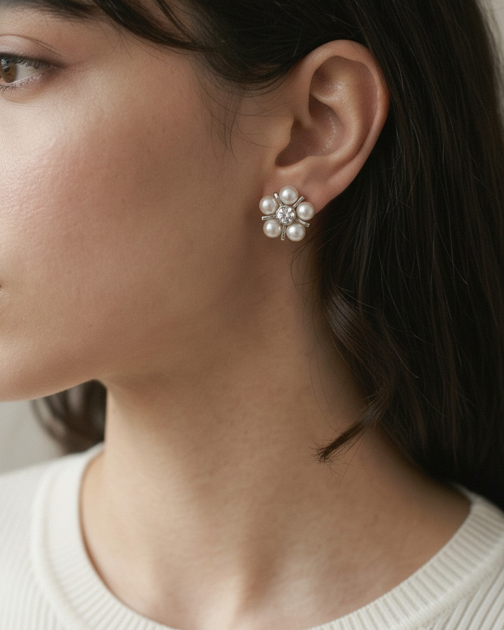 Pearl Cluster Studs, five freshwater pearls in 92.5 sterling silver, close up