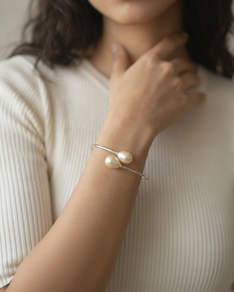 Twin Baroque Pearl Cuff in sterling silver, close on the wrist