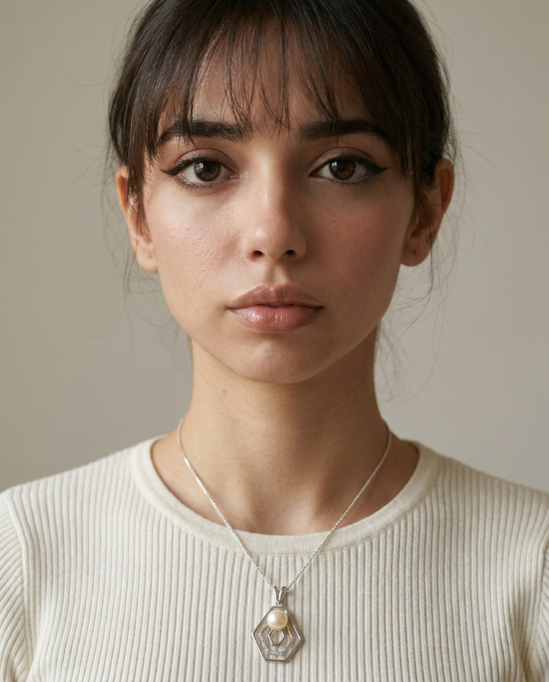 Hexagon Pearl Pendant Set worn