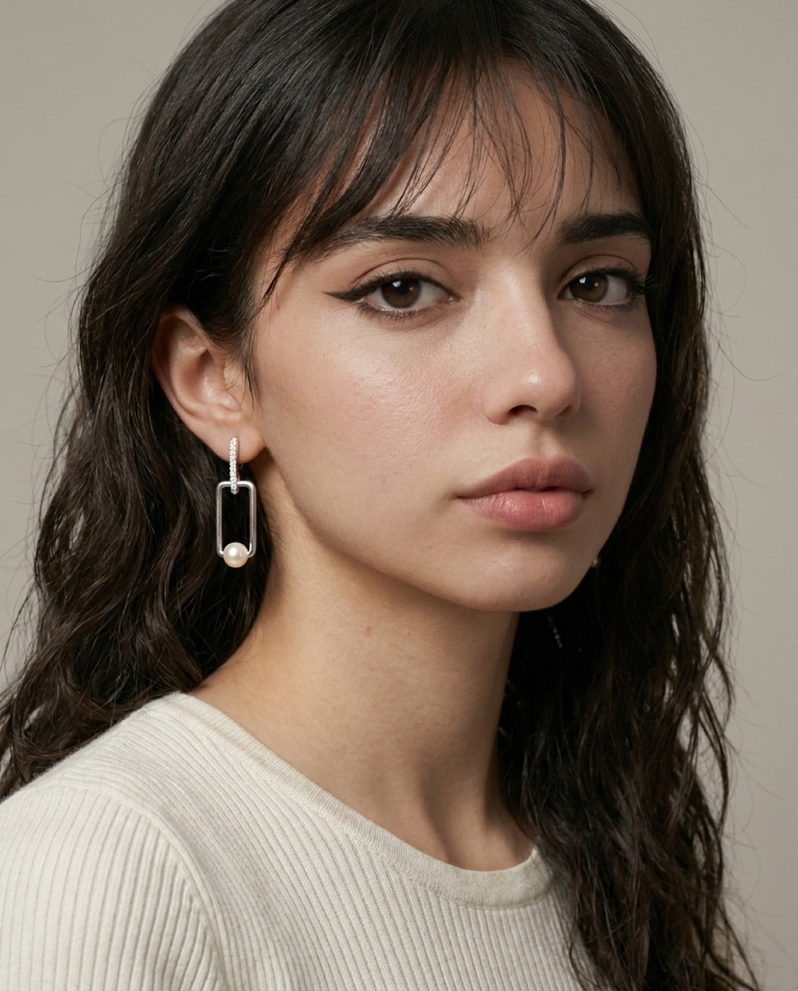 Rectangle Pearl Drop Earrings worn