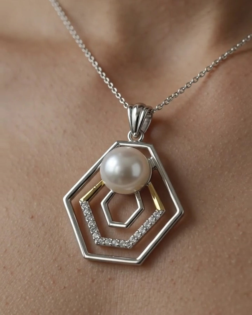 Hexagon Pearl Pendant Set worn