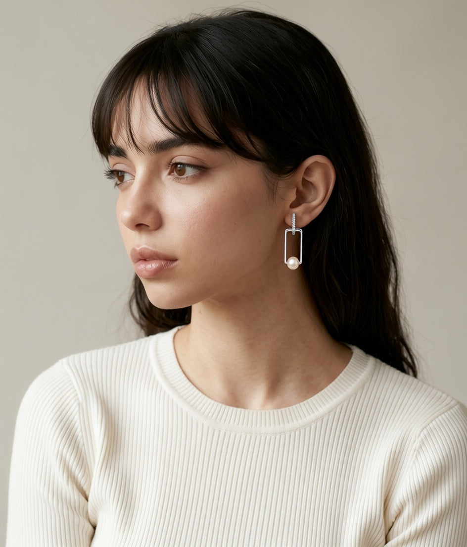Rectangle Pearl Drop Earrings worn