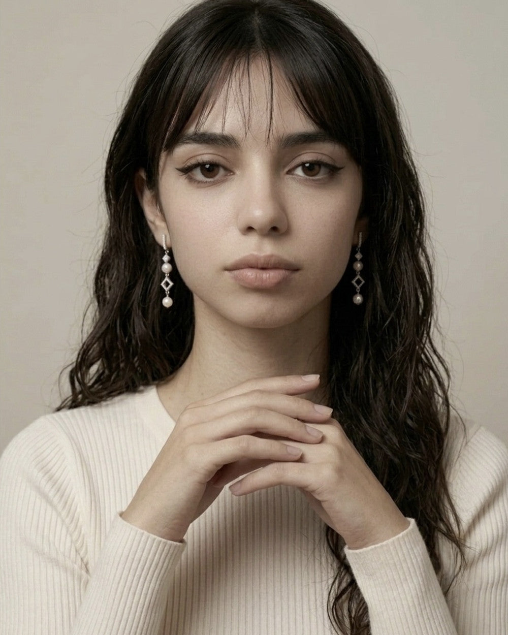Rhombus Pearl Cascade Earrings worn