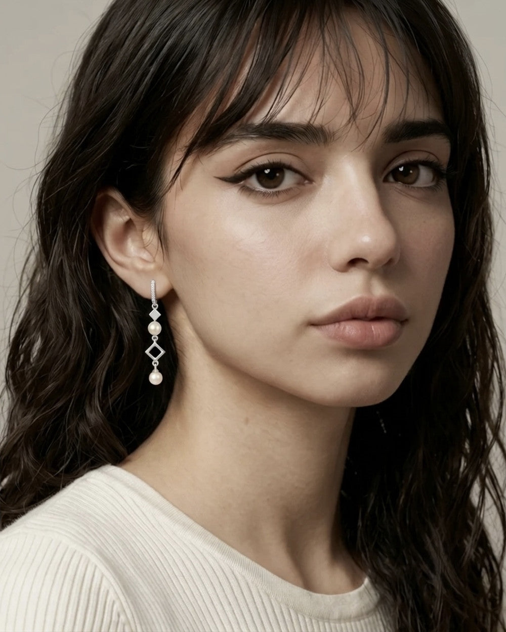 Rhombus Pearl Cascade Earrings worn