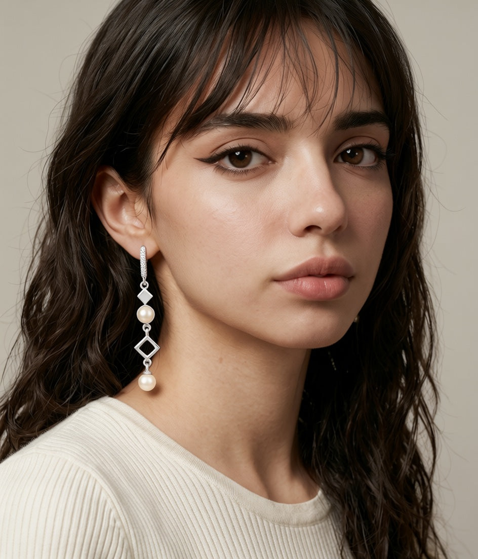 Rhombus Pearl Cascade Earrings worn