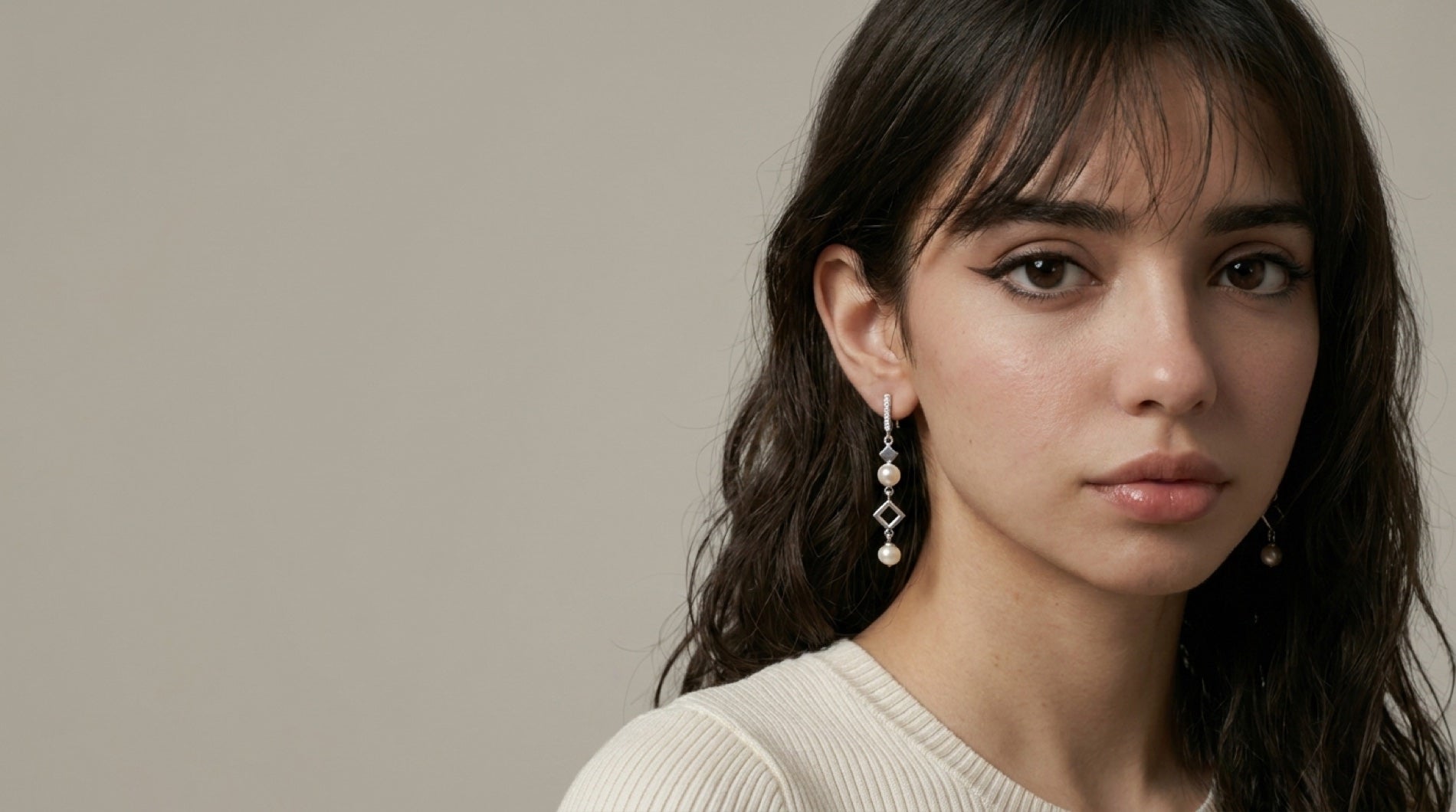 Rhombus Pearl Cascade Earrings worn